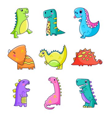 Komik karikatür dinozorları. Şirin Dino karakteri. El çizimi stili. Vektör çizimi. Tasarım elementlerinin koleksiyonu.