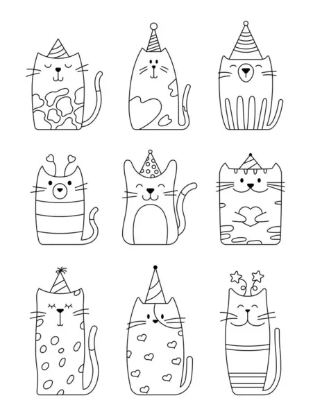 パーティー帽子の漫画お祝いの猫 カラーリングページ おかしな手描きスタイル お祝い 誕生日 ベクター図面 デザイン要素のコレクション — ストックベクタ
