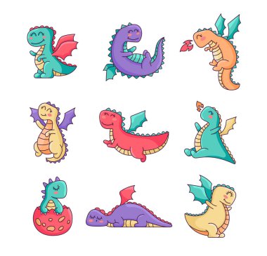 Mutlu komik ejderha. Sevimli bir karakter. Peri masalı canavarları. El çizimi stili. Vektör çizimi. Tasarım elementlerinin koleksiyonu.