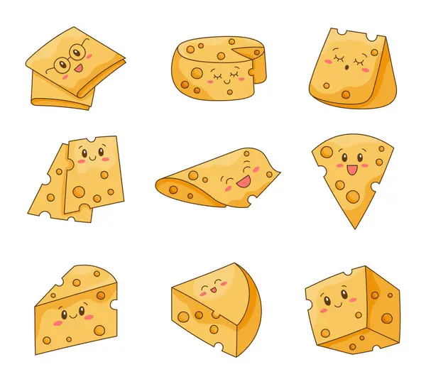 Cute Kawaii Cheese Funny Happy Food Characters Childrens Restaurant Menu — Stock Vector