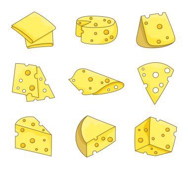 Dilimler ve peynir dilimleri. Parmesan, mozzarella, hollandaise, ricotta, farklı türde. El stili. Vektör çizimi. Tasarım elementlerinin koleksiyonu.