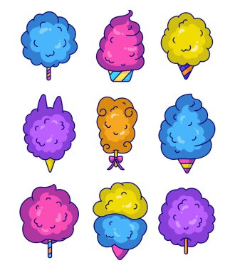 Pamuk helva tatlısı. Şeker bulutları. Çocuklar için tatlı bir tatlı. El çizimi stili. Vektör çizimi. Tasarım elementlerinin koleksiyonu.