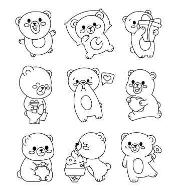 Şirin kawaii farklı pozlar veriyor. Boyama sayfası. Emoji çizgi film karakteri. El çizimi stili. Vektör çizimi. Tasarım elementlerinin koleksiyonu.