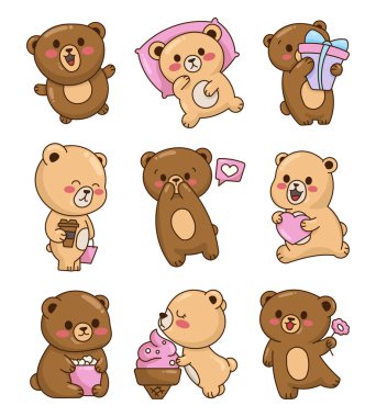 Şirin kawaii farklı pozlar veriyor. Emoji çizgi film karakteri. El çizimi stili. Vektör çizimi. Tasarım elementlerinin koleksiyonu.