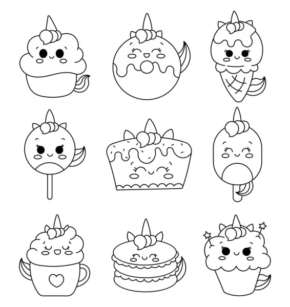 Cute kawaii unicorn food and dessert. Coloring Page. Cupcakes and birthday cake. Happy characters. Kids party and celebration. Vector drawing. Collection of design elements.