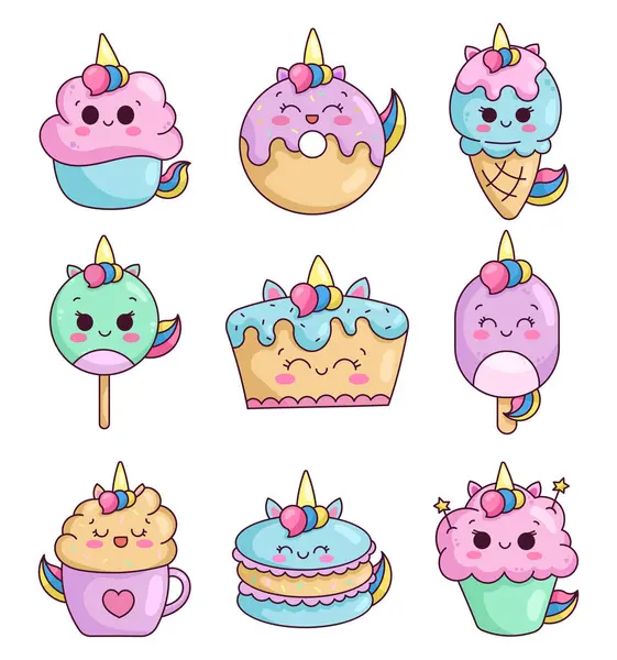 Cute kawaii unicorn food and dessert. Cupcakes, birthday cake, lollipop, ice cream and coffee. Happy characters. Kids party and celebration. Vector drawing. Collection of design elements.