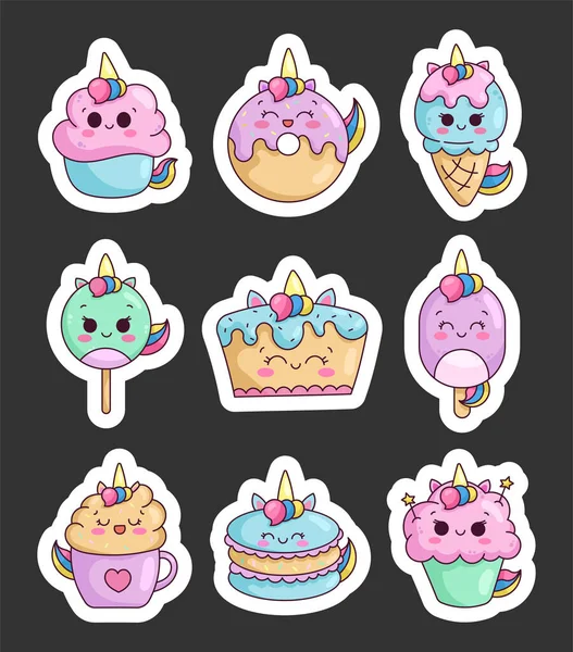 Cute kawaii unicorn food and dessert. Sticker Bookmark. Cupcakes and birthday cake. Happy characters. Kids party and celebration. Vector drawing. Collection of design elements.