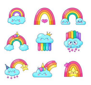 Şirin kawaii bulutu ve gökkuşağı çizgi film karakterleri. Gülen yüz duygusu. El çizimi stili. Vektör çizimi. Tasarım elementlerinin koleksiyonu.