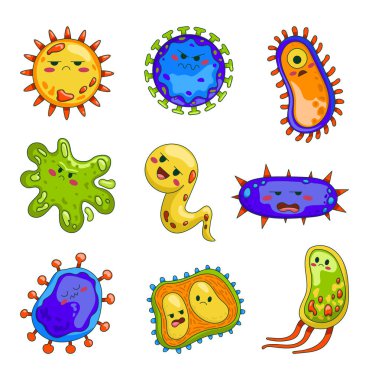 Kawaii bakterileri ve virüsler farklı duyguları olan karakterler. Komik çizgi film mikropları. El çizimi stili. Vektör çizimi. Tasarım elementlerinin koleksiyonu.