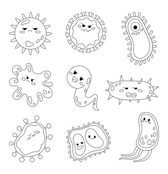 Kawaii Baktériumok Vírusok Karakterek Különböző Érzelmek Színező Oldal Vicces Rajzfilm — Stock Vector