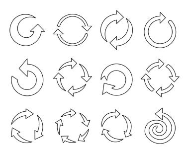 Farklı dairesel oklar. Boyama sayfası. Yenile, doldur, yükle, geri dönüştür, döndür. El çizimi stili. Vektör çizimi. Tasarım elementlerinin koleksiyonu.