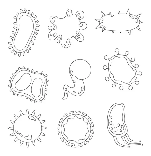 Baktériumok Vírus Színező Oldal Mikroorganizmusok Baktériumok Baktériumtípusok Kézzel Rajzolt Stílus — Stock Vector