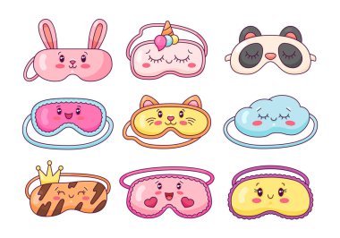 Tatlı uyku maskeleri. Kawaii gözleri, panda, bulut, tavşan ve kedi yüzleri. Tatlı rüyalar. El çizimi stili. Vektör çizimi. Tasarım elementlerinin koleksiyonu.