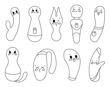 Cute happy smiling dildo vibrator cartoon characters. Coloring Page. Kawaii adult toys. Sex shop. Good vibes only. Hand drawn style. Vector drawing. Collection of design elements.