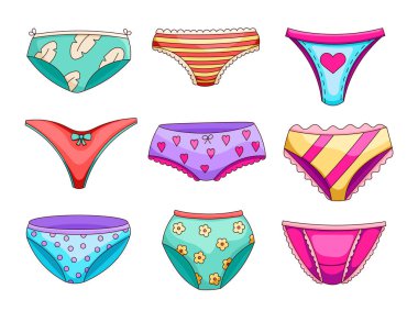 Kadın iç çamaşırı. İç çamaşırı tipi ip, tanga, bikini. El çizimi stili. Vektör çizimi. Tasarım elementlerinin koleksiyonu.