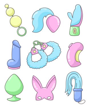 Adult toys, anal plugs, vibrator, dildo and mask, whip. Sex shop. Good vibes only. Hand drawn style. Vector drawing. Collection of design elements.