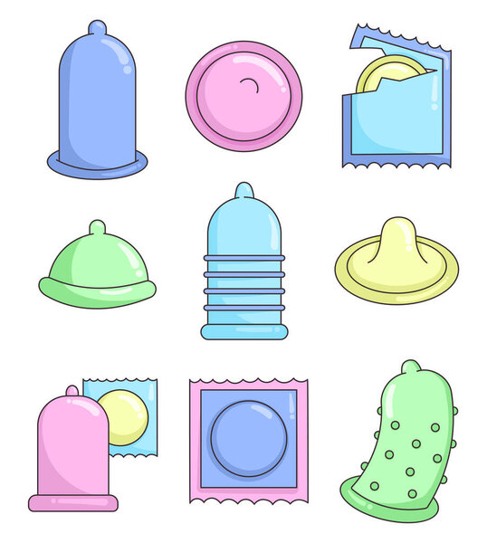 Разные презервативы. Контрацепция и методы контрацепции. Безопасного секса. Ручной стиль. Векторный рисунок. Коллекция элементов дизайна.