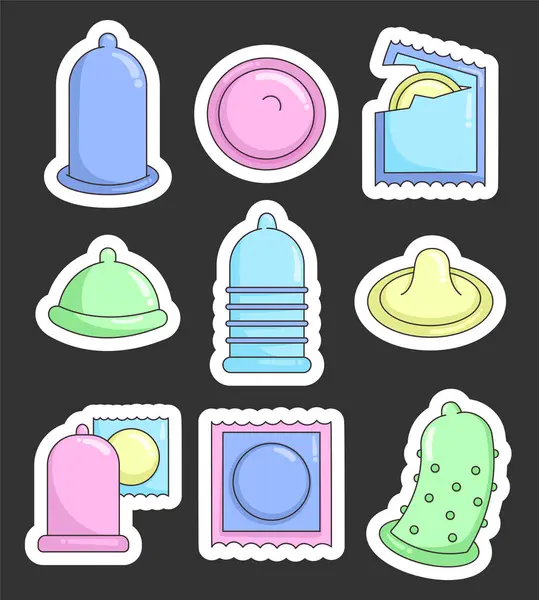 Verschillende Condooms Sticker Bladwijzer Anticonceptie Anticonceptiemethoden Veilige Seks Handgetekende Stijl — Stockvector