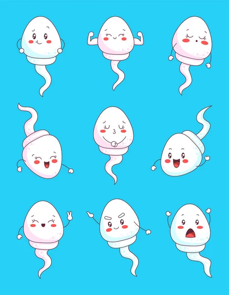 stock vector Cute happy funny sperm character. Kawaii spermatozoon with cartoon face. Hand drawn style. Vector drawing. Collection of design elements.