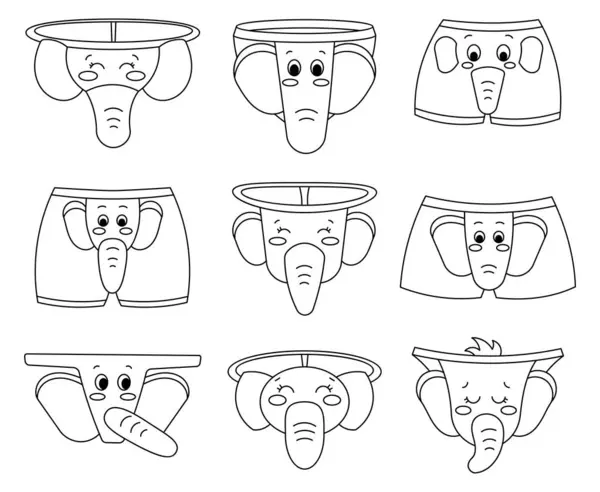 Kawaii Men Elephant String Coloring Page Funny Underwear Pants Characters — Stock Vector