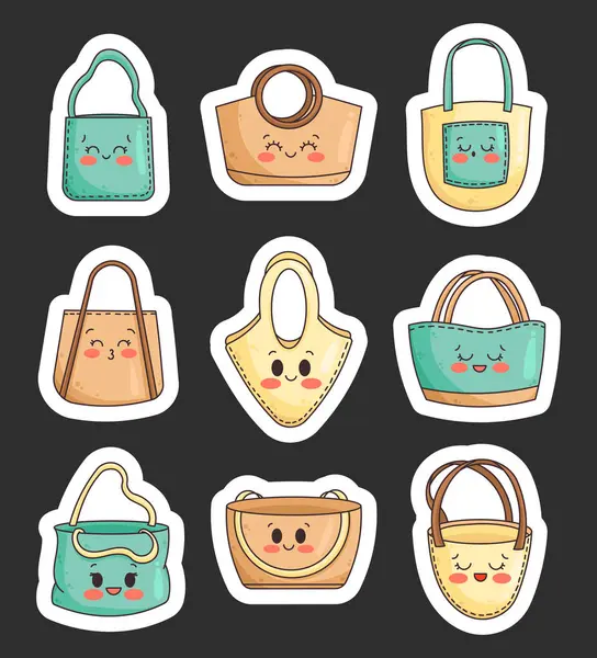 Leuke Kawaii Shopping Bag Personages Sticker Bladwijzer Cartoon Herbruikbare Boodschappentassen — Stockvector