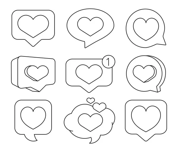 スピーチバブルのハート カラーリングページ ソーシャルメディアの通知のような愛 聖バレンタインデー 手描きスタイル ベクター図面 デザイン要素のコレクション — ストックベクタ