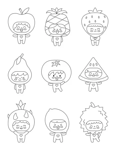 Cute Children Fruit Costumes Coloring Page Funny Boys Girls Cartoon — Stock Vector