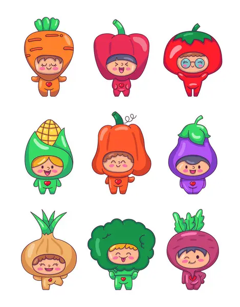 Crianças Bonitas Trajes Legumes Adoráveis Meninos Meninas Personagens Desenhos Animados — Vetor de Stock
