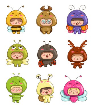 Böcek kostümlü çocuklar. Tatlı kızlar ve oğlanlar çizgi film karakterleri arı, böcek, kelebek, yusufçuk, uğur böceği, tırtıl, salyangoz. El çizimi stili. Vektör çizimi.