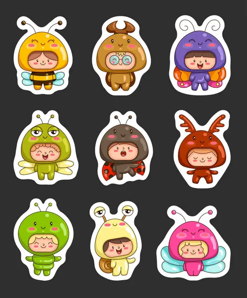Children Insects Costumes Sticker Bookmark Cute Boys Girls Cartoon Characters — Stock Vector