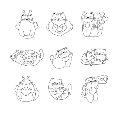 Sevgililer Günü için sevimli bir kedi. Boyama sayfası. Kalpli mutlu romantik kedi yavrusu, aşk mektubu. El çizimi stili. Vektör çizimi. Tasarım elementlerinin koleksiyonu.