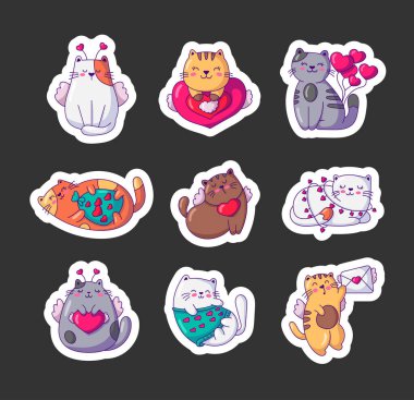 Sevgililer Günü için sevimli bir kedi. Etiket Yer İmi. Kalpli mutlu romantik kedi yavrusu, aşk mektubu. El çizimi stili. Vektör çizimi. Tasarım elementlerinin koleksiyonu.