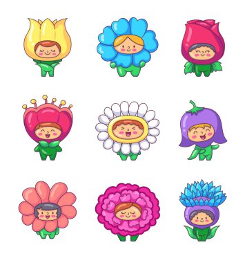 Çiçek kostümü giyen şirin çocuklar. Komik çocuklar ve çizgi film karakterleri gül, papatya, lale. El çizimi stili. Vektör çizimi. Tasarım elementlerinin koleksiyonu.