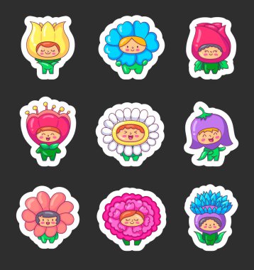 Çiçek kostümü giyen şirin çocuklar. Etiket Yer İmi. Komik çocuklar ve çizgi film karakterleri gül, papatya, lale. El çizimi stili. Vektör çizimi. Tasarım elementlerinin koleksiyonu.