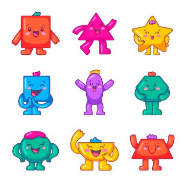 Farklı temel geometrik şekiller karakterler. Yüzü, elleri ve bacakları olan sevimli çizgi film şekilleri. El çizimi stili. Vektör çizimi. Tasarım elementlerinin koleksiyonu.