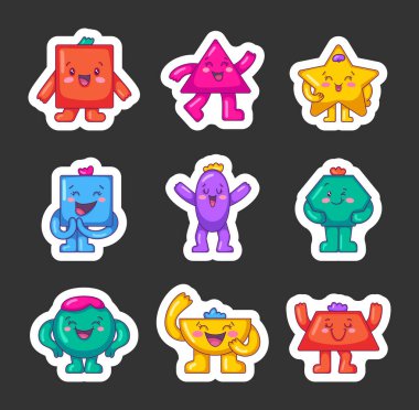 Farklı temel geometrik şekiller karakterler. Etiket Yer İmi. Yüzü, elleri ve bacakları olan sevimli çizgi film şekilleri. El çizimi stili. Vektör çizimi. Tasarım elementlerinin koleksiyonu.