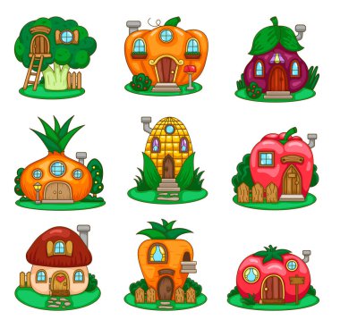 Peri masalı sebze evi. Kapısı ve penceresi olan yemek. Fantezi evi. El çizimi stili. Vektör çizimi. Tasarım elementlerinin koleksiyonu.