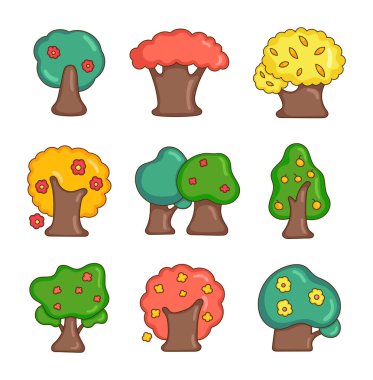 Çiçekli ve yapraklı bahar ağacı. Doğa ve çevre. El çizimi stili. Vektör çizimi. Tasarım elementlerinin koleksiyonu.