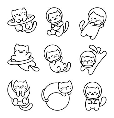 Kawaii uzay sevimli kedisi. Boyama sayfası. Evcil hayvan çizgi film karakteri. Yavru astronotlar. El çizimi stili. Vektör çizimi. Tasarım elementlerinin koleksiyonu.