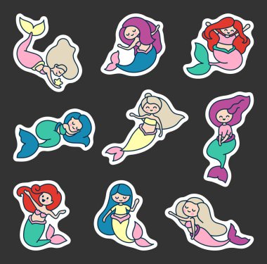 Küçük sevimli kawaii deniz kızı. Etiket Yer İmi. Deniz hayatı çizgi film karakteri. El çizimi stili. Vektör çizimi. Tasarım elementlerinin koleksiyonu.