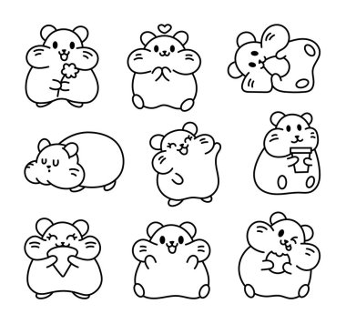 Şirin kawaii hamster. Boyama sayfası. Çizgi film komik hayvan karakteri. El çizimi stili. Vektör çizimi. Tasarım elementlerinin koleksiyonu.