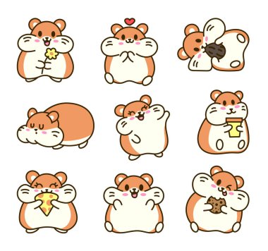 Şirin kawaii hamster. Çizgi film komik hayvan karakteri. El çizimi stili. Vektör çizimi. Tasarım elementlerinin koleksiyonu.