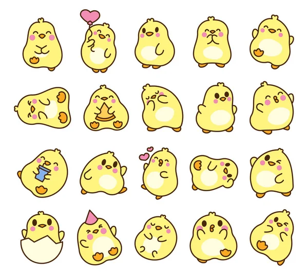 可爱的小卡瓦伊小鸡 不同姿势的Kawaii小鸡 卡通人物 手绘风格 矢量绘图 设计要素的收集 — 图库矢量图片