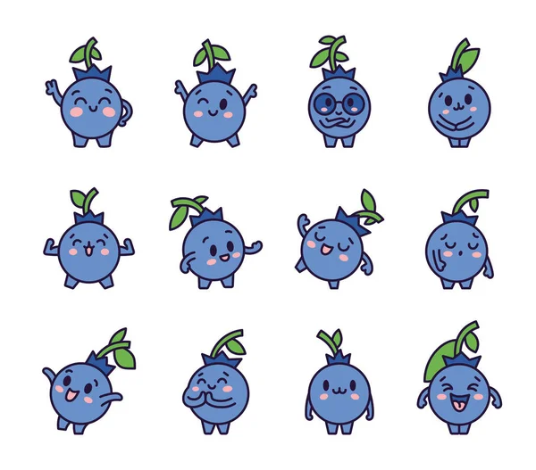 Kawaii Mirtillo Personaggio Dei Cartoni Animati Frutto Carino Diverse Emozioni — Vettoriale Stock