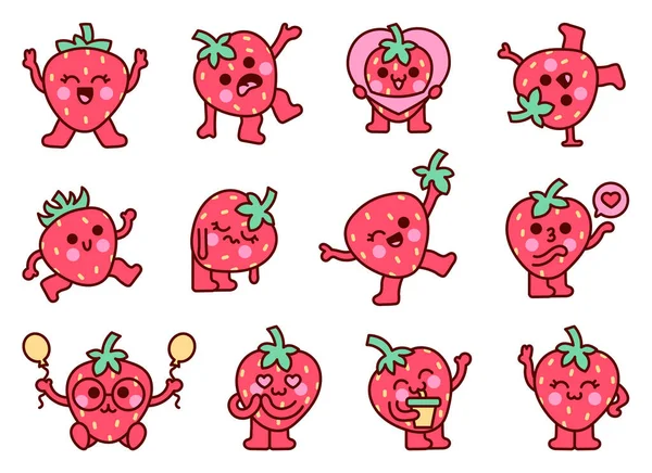 Carácter Fresa Kawaii Bonita Fruta Dibujos Animados Estilo Dibujado Mano — Archivo Imágenes Vectoriales