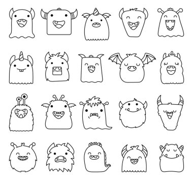 Şirin kawaii küçük canavarı. Boyama sayfası. Çizgi film komik Cadılar Bayramı karakteri. El çizimi stili. Vektör çizimi. Tasarım elementlerinin koleksiyonu.