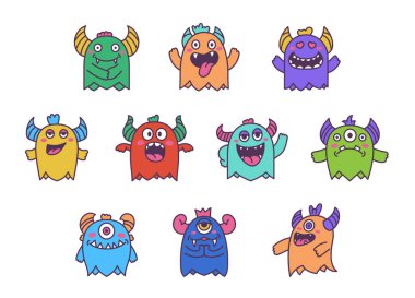 Şirin kawaii canavarı. Çizgi film korkunç komik Cadılar Bayramı karakteri. El çizimi stili. Vektör çizimi. Tasarım elementlerinin koleksiyonu.