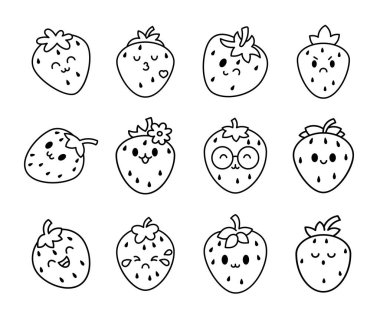 Sevimli, mutlu, çilek karakteri ifadesi. Boyama sayfası. Kawaii çizgi film meyvesi. El çizimi stili. Vektör çizimi. Tasarım elementlerinin koleksiyonu.