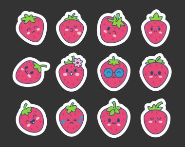 Sevimli, mutlu, çilek karakteri ifadesi. Etiket Yer İmi. Kawaii çizgi film meyvesi. El çizimi stili. Vektör çizimi. Tasarım elementlerinin koleksiyonu.