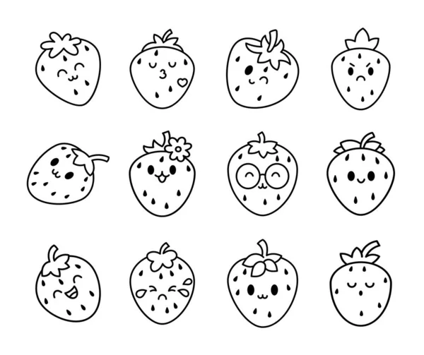 Söt Glad Jordgubbe Karaktär Emoticon Färgläggningssida Kawaii Tecknad Frukt Handritad — Stock vektor